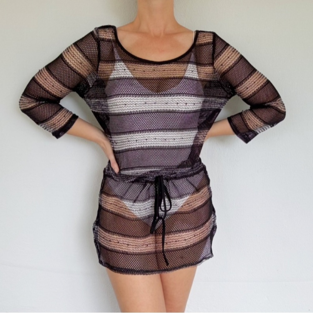 Club Z Collection black fishnet mesh stripe drawstring waist swim coverup large